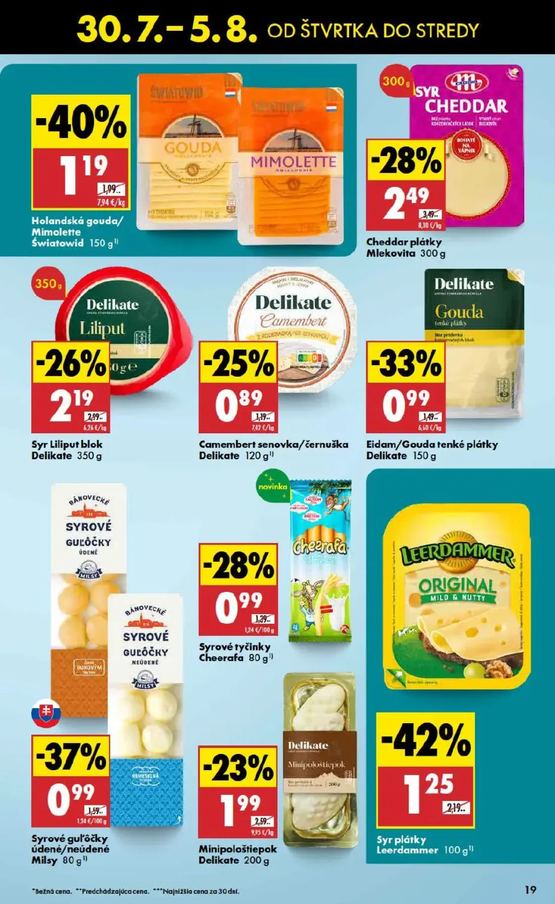 Biedronka leták, strana 19 z 48 — Cheddar plátky Mlekovita, Syr plátky Leerdammer, Holandská gouda/ Mimolette Światowid
