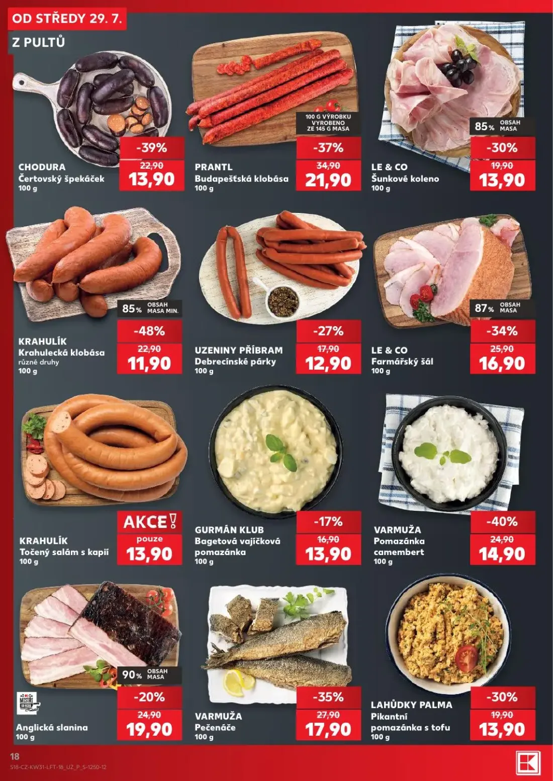 Kaufland leták, strana 18 z 54 — Budapešťská klobása, Krahulecká klobása, Pomazánka camembert