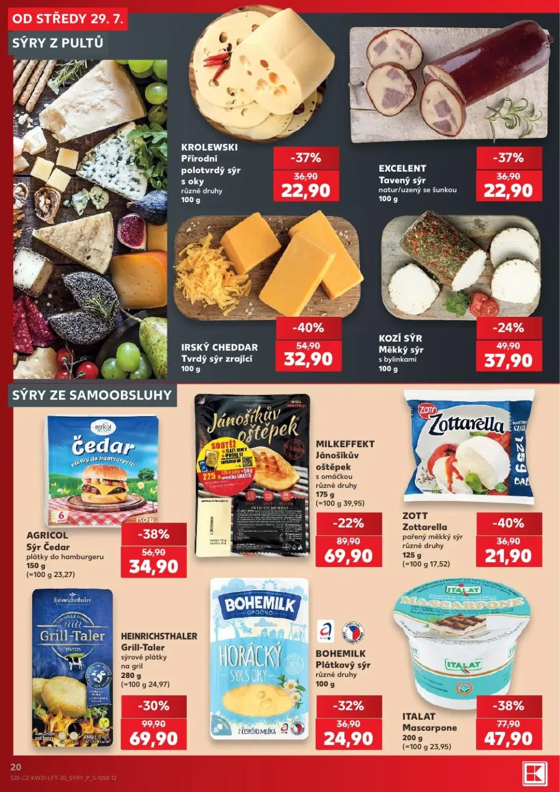 Kaufland leták, strana 20 z 54 — HEINRICHSTHALER Grill-Taler sýrové plátky na gril, ITALAT Mascarpone, IRSKÝ CHEDDAR Tvrdý s…