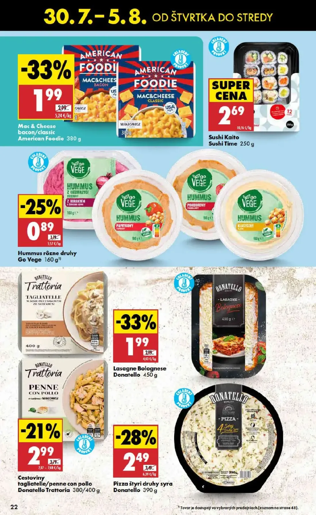 Biedronka leták, strana 22 z 48 — Mac & Cheese bacon/classic American Foodie, Lasagne Bolognese Donatello, Pizza štyri druhy…