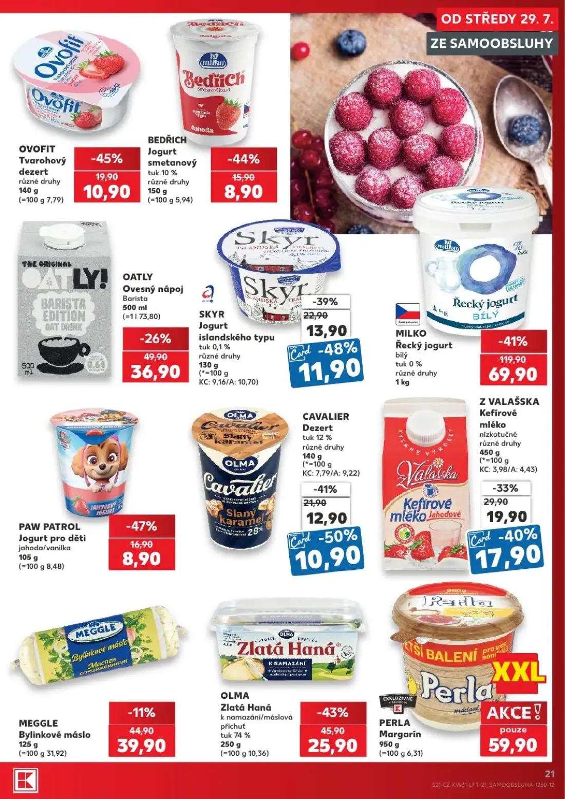 Kaufland leták, strana 21 z 54 — MILKO Řecký jogurt, OLMA Zlatá Haná k namazání/máslová, OATLY Ovesný nápoj Barista