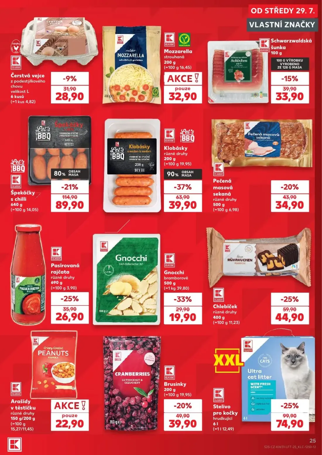 Kaufland leták, strana 25 z 54 — Špekáčky s chilli, Stelivo pro kočky hrudkující, Klobásky různé druhy