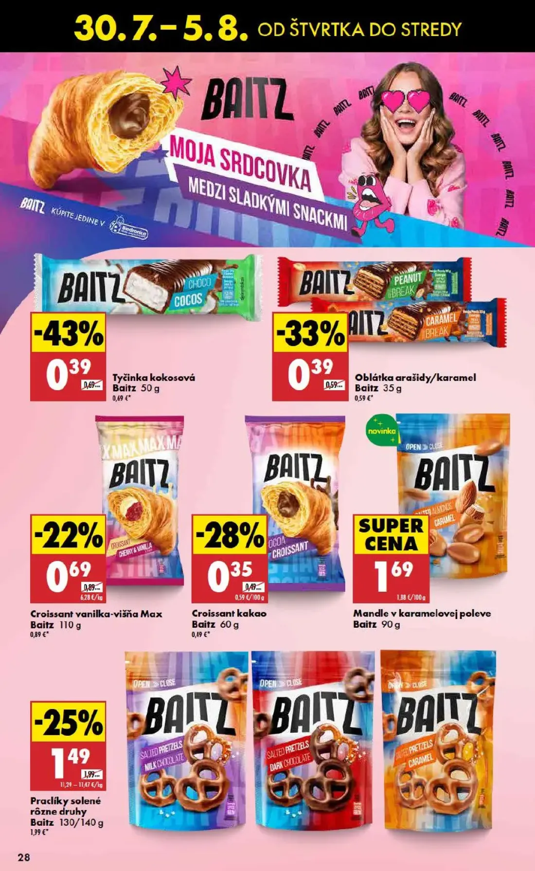 Biedronka leták, strana 28 z 48 — Praclíky solené rôzne druhy Baitz, Tyčinka kokosová Baitz, Oblátka arašidy/karamel Baitz