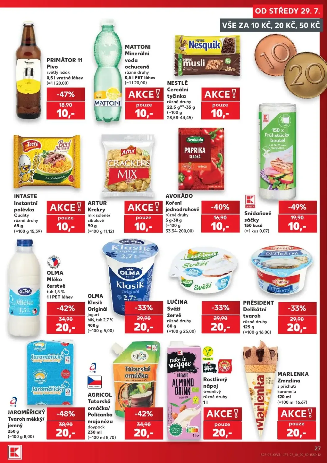Kaufland leták, strana 27 z 54 — JAROMĚŘICKÝ Tvaroh měkký/jemný, OLMA Mléko čerstvé tuk 1,5%, AGRICOL Tatarská omáčka/Poliča…