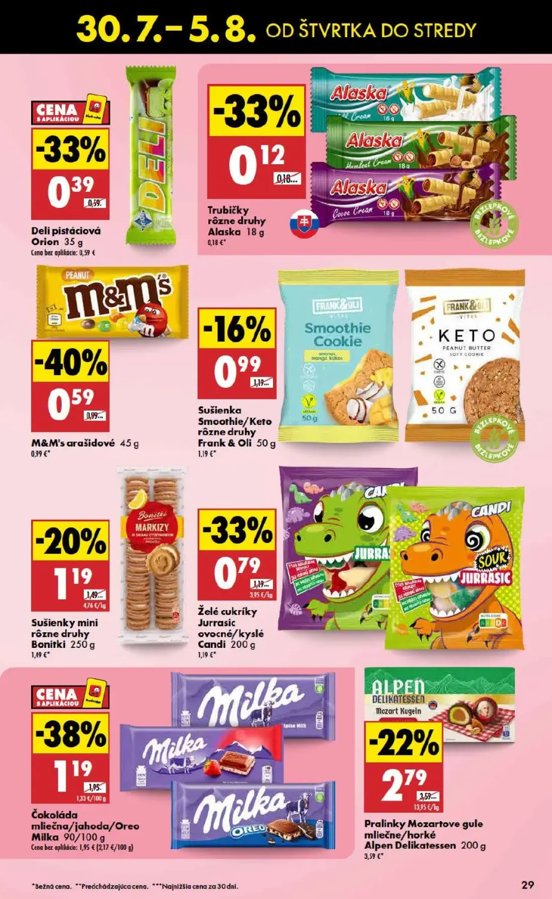 Biedronka leták, strana 29 z 48 — Pralinky Mozartove gule mliečne/horké Alpen Delikatessen, Čokoláda mliečna/jahoda/Oreo Mil…