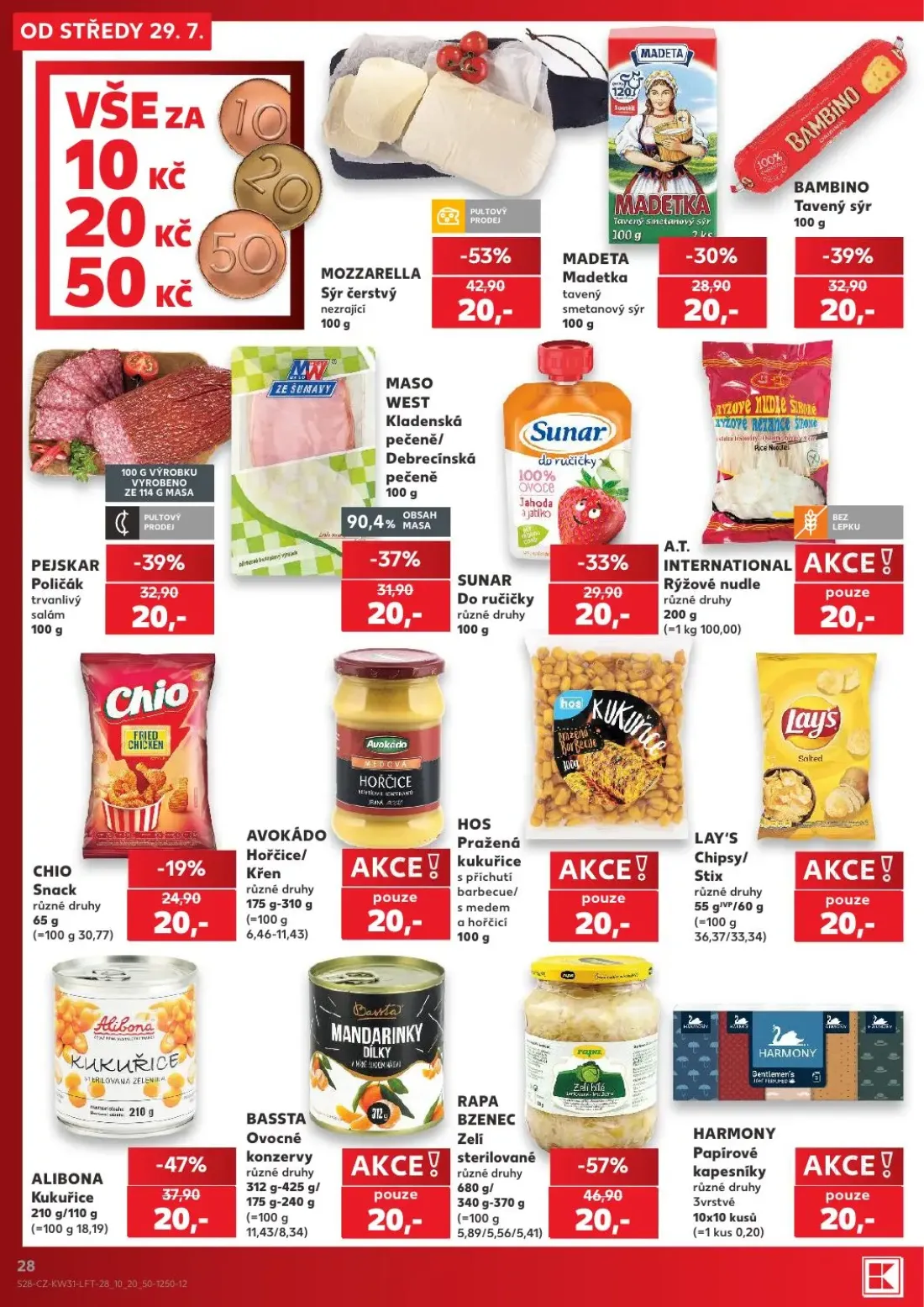 Kaufland leták, strana 28 z 54 — RAPA BZENEC Zelí sterilované, MOZZARELLA Sýr čerstvý nezrající, ALIBONA Kukuřice