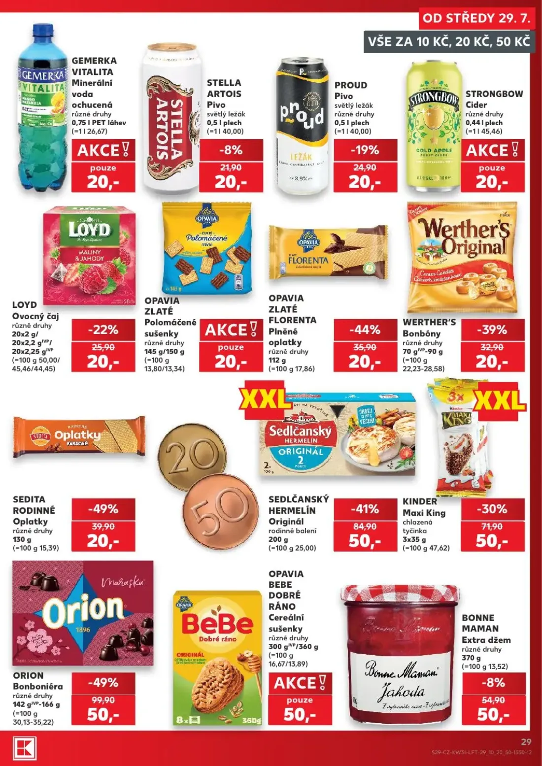 Kaufland leták, strana 29 z 54 — ORION Bonboniéra, SEDLČANSKÝ HERMELÍN Originál rodinné balení, KINDER Maxi King chlazená ty…