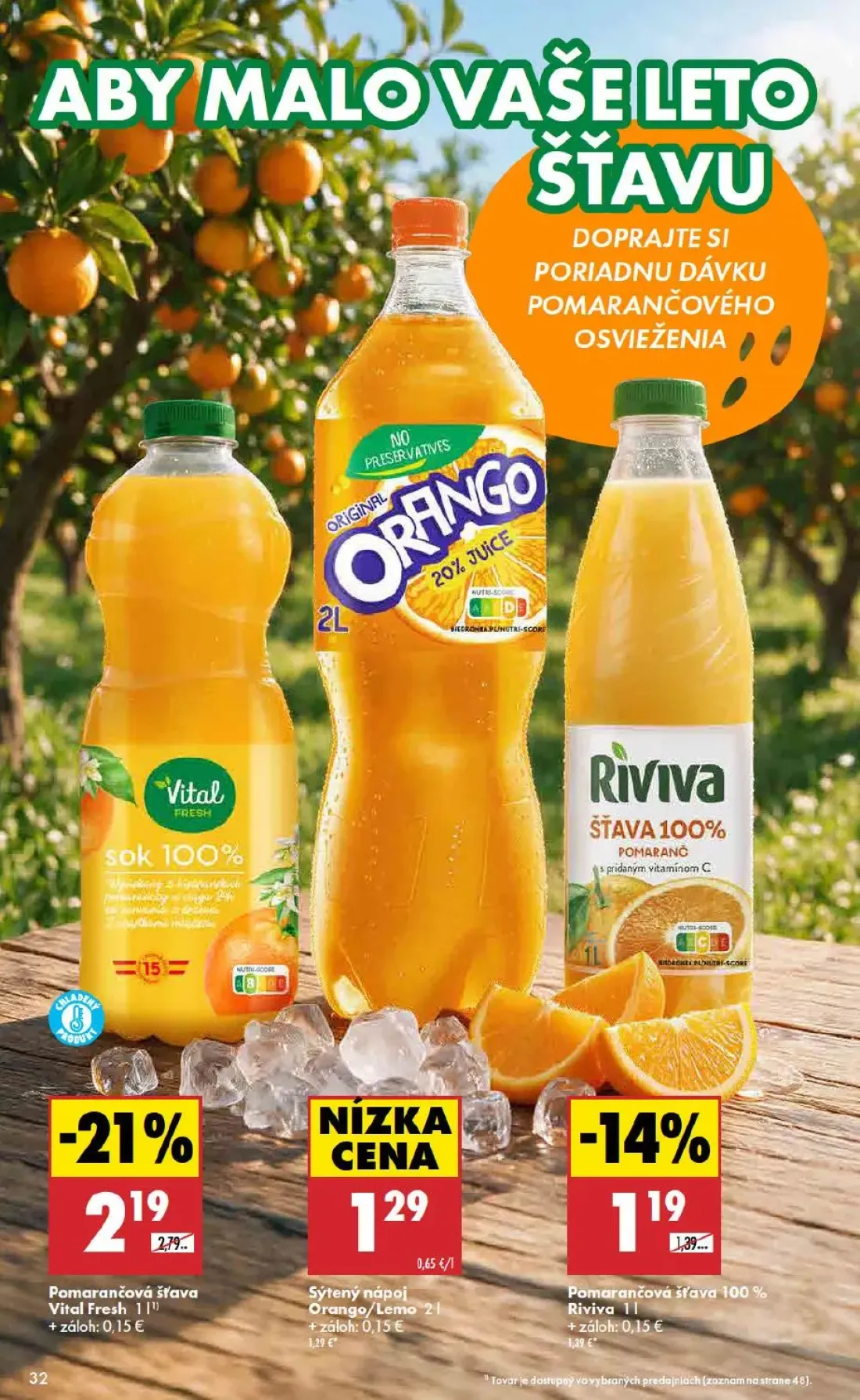 Biedronka leták, strana 32 z 48 — Pomarančová šťava Vital Fresh, Pomarančová šťava 100% Riviva, Sýtený nápoj Orango/Lemo