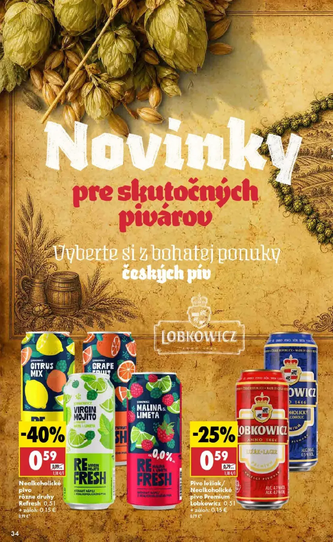 Biedronka leták, strana 34 z 48 — Nealkoholické pivo rôzne druhy Refresh, Pivo ležiak/Nealkoholické pivo Premium Lobkowicz
