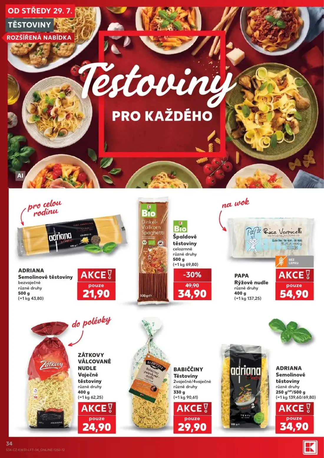 Kaufland leták, strana 34 z 54 — Bio Špaldové těstoviny celozrnné, ADRIANA Semolinové těstoviny bezvaječné, PAPA Rýžové nudle