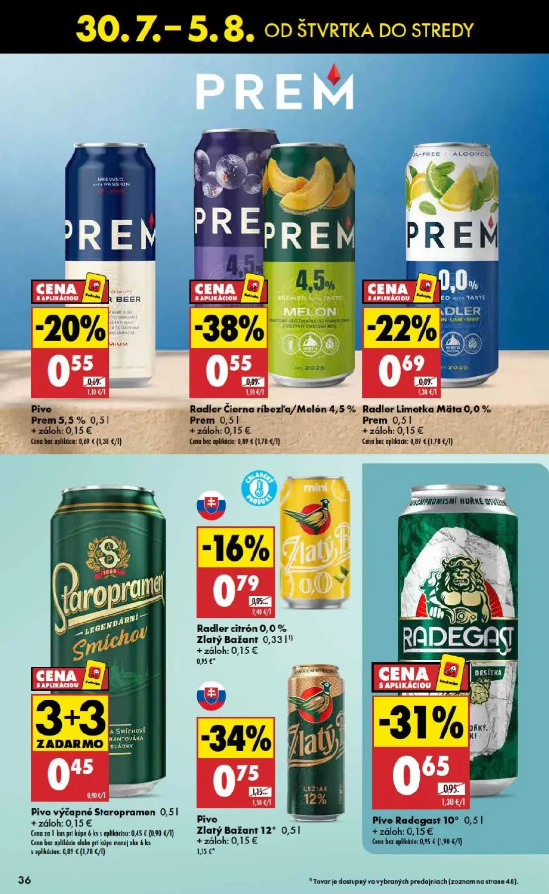 Biedronka leták, strana 36 z 48 — Pivo výčapné Staropramen, Pivo Zlatý Bažant 12°, Radler Čierna ríbezľa/Melón Prem