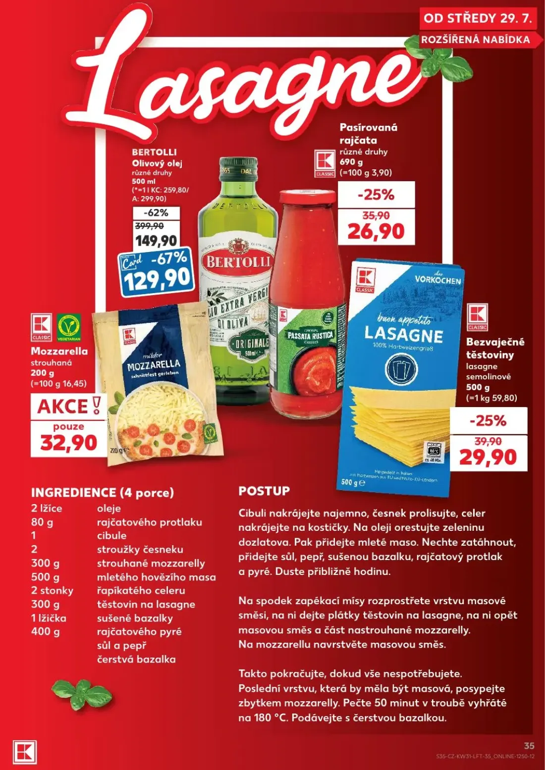 Kaufland leták, strana 35 z 54 — BERTOLLI Olivový olej, Bezvaječné těstoviny lasagne semolinové, Pasírovaná rajčata