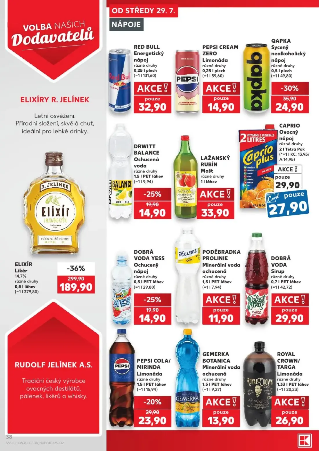 Kaufland leták, strana 38 z 54 — ELIXÍR Likér, QAPKA Sycený nealkoholický nápoj, PEPSI COLA/ MIRINDA Limonáda