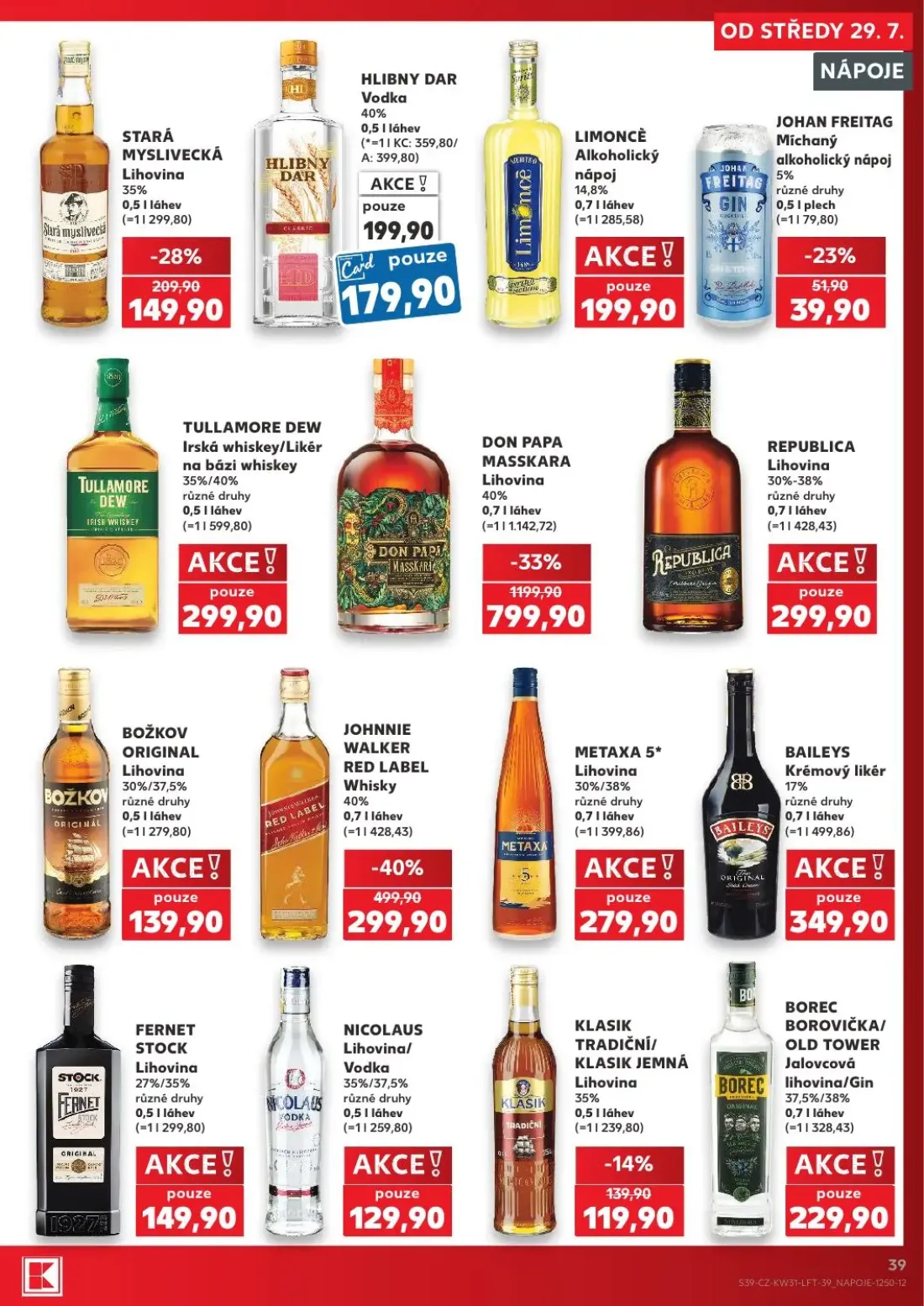 Kaufland leták, strana 39 z 54 — DON PAPA MASSKARA Lihovina, JOHNNIE WALKER RED LABEL Whisky, STARÁ MYSLIVECKÁ Lihovina
