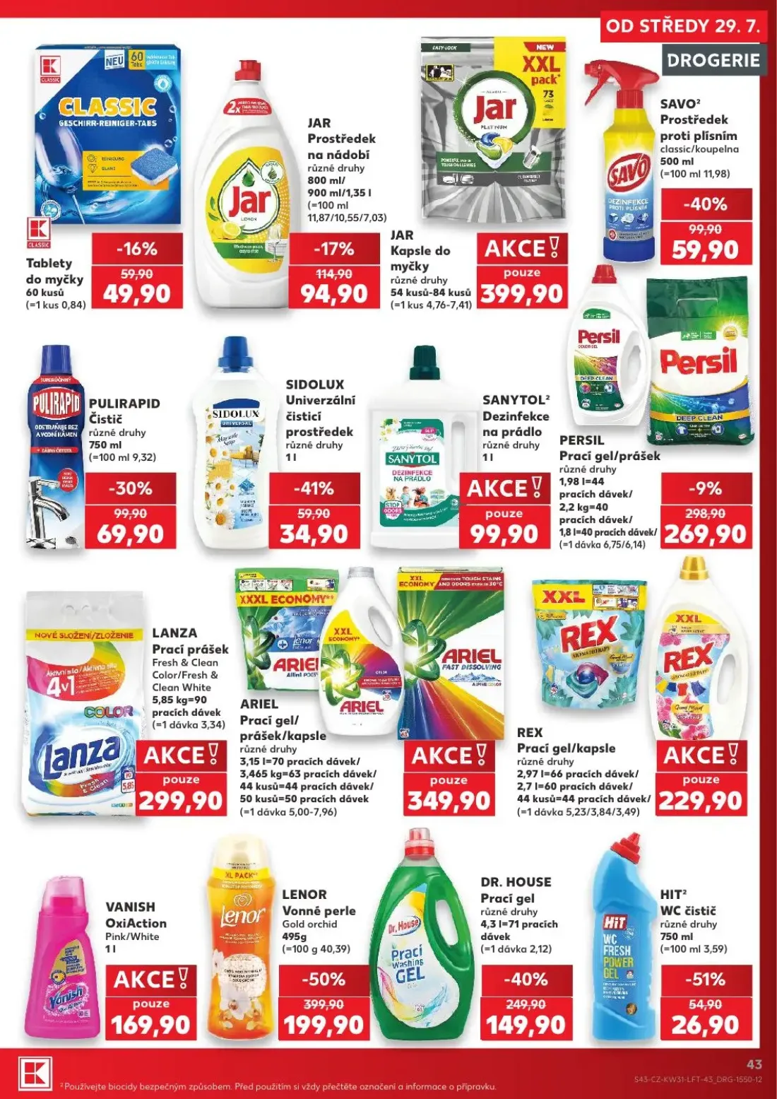 Kaufland leták, strana 43 z 54 — LENOR Vonné perle, DR. HOUSE Prací gel, SAVO Prostředek proti plísním