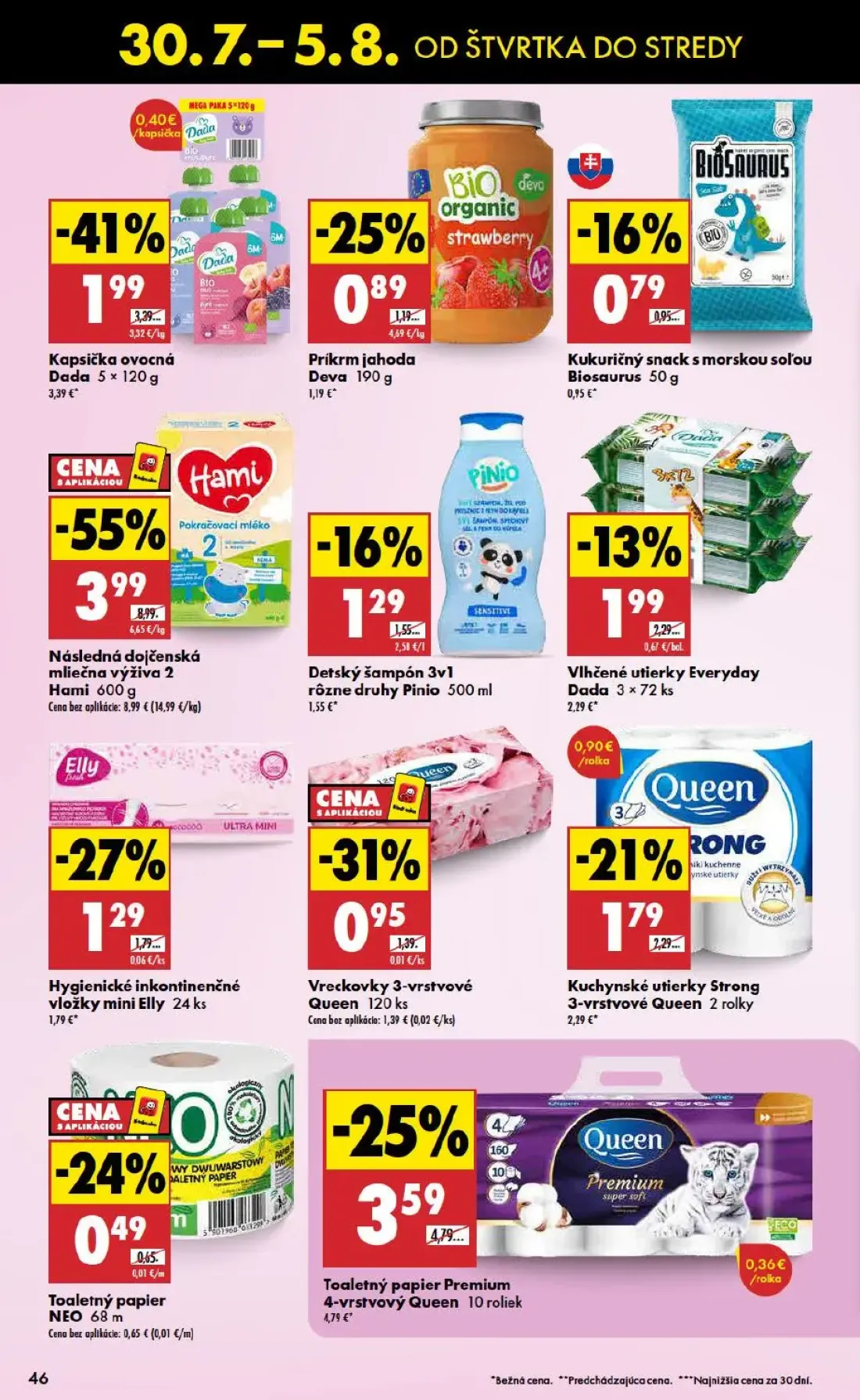 Biedronka leták, strana 46 z 48 — Následná dojčenská mliečna výživa 2 Hami, Kapsička ovocná Dada, Toaletný papier Premium 4-…