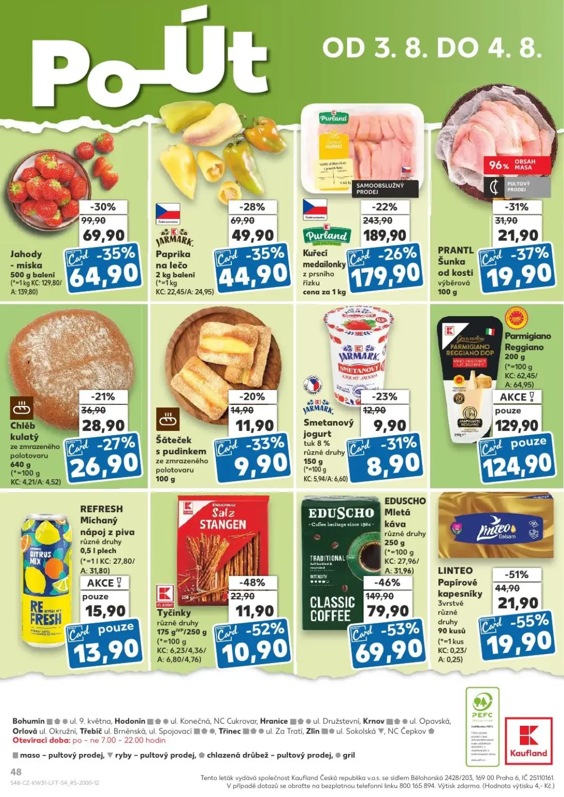Kaufland leták, strana 48 z 54 — EDUSCHO Mletá káva různé druhy, Kuřecí medailonky z prsního řízku, Jahody - miska