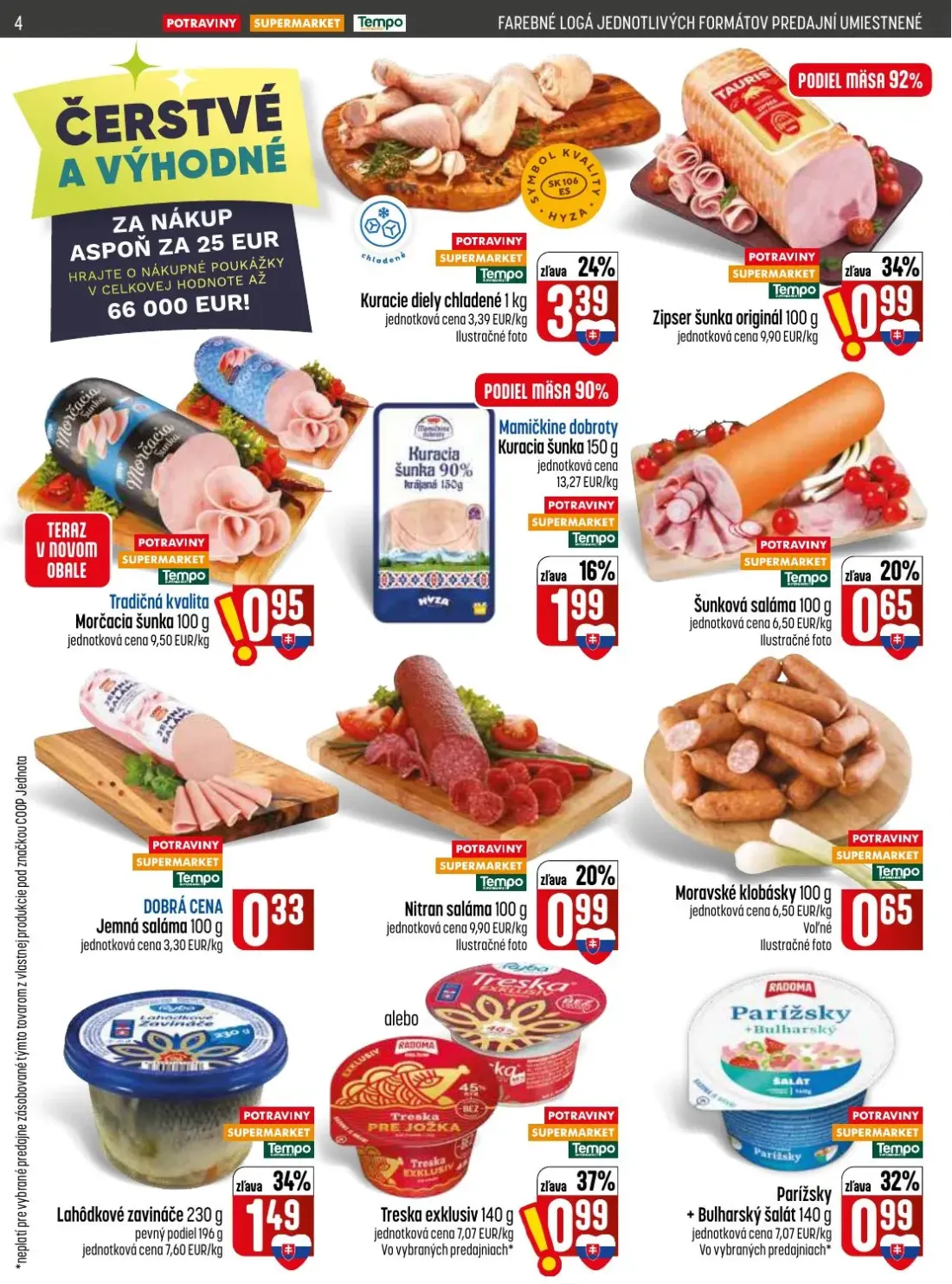Coop Jednota leták, strana 4 z 28 — Kuracie diely chladené, Zipser šunka originál, Morčacia šunka