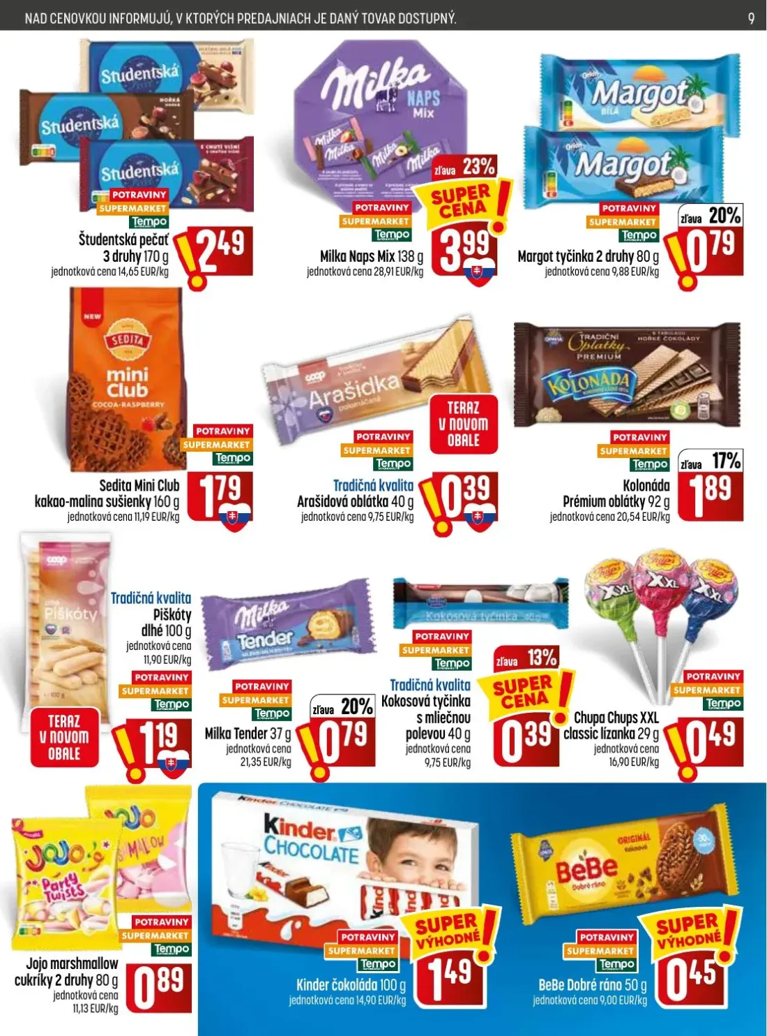 Coop Jednota leták, strana 9 z 28 — Študentská pečať 3 druhy, Milka Naps Mix, Margot tyčinka 2 druhy
