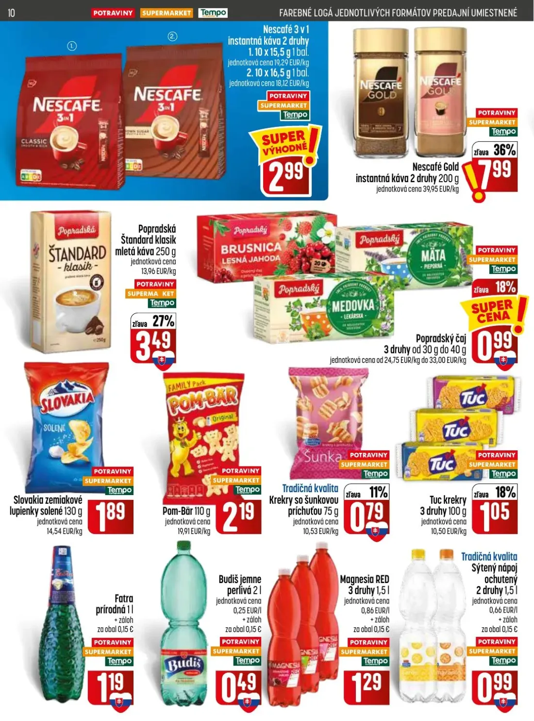 Coop Jednota leták, strana 10 z 28 — Nescafé 3 v 1 instantná káva, Nescafé Gold instantná káva, Popradská Štandard klasik ml…
