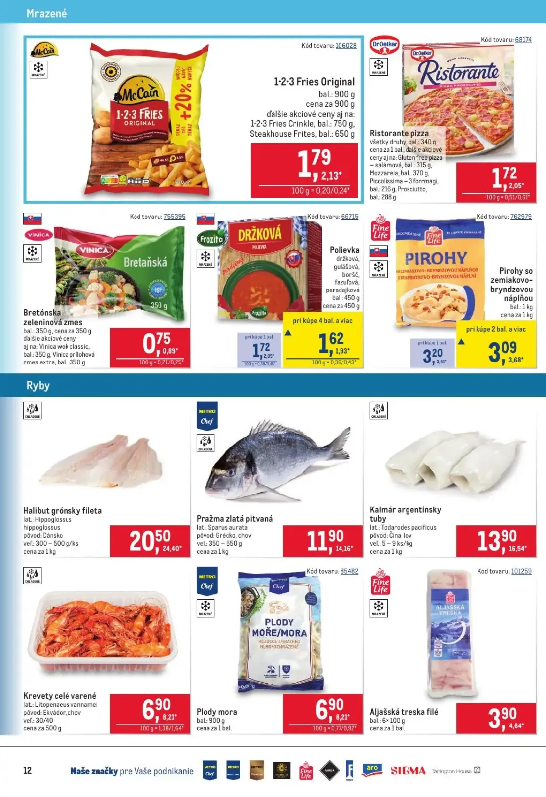 Metro leták, strana 12 z 40 — Halibut grónsky fileta, Kalmár argentínsky tuby, Pražma zlatá pitvaná