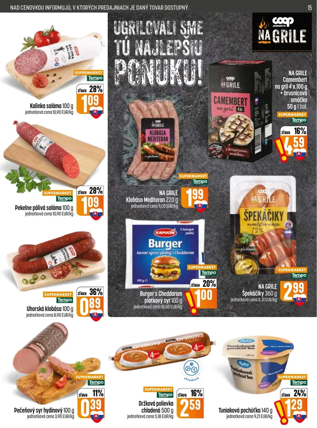 Coop Jednota leták, strana 15 z 28 — Kalinka saláma, Klobása Mediteran, Camembert na gril
