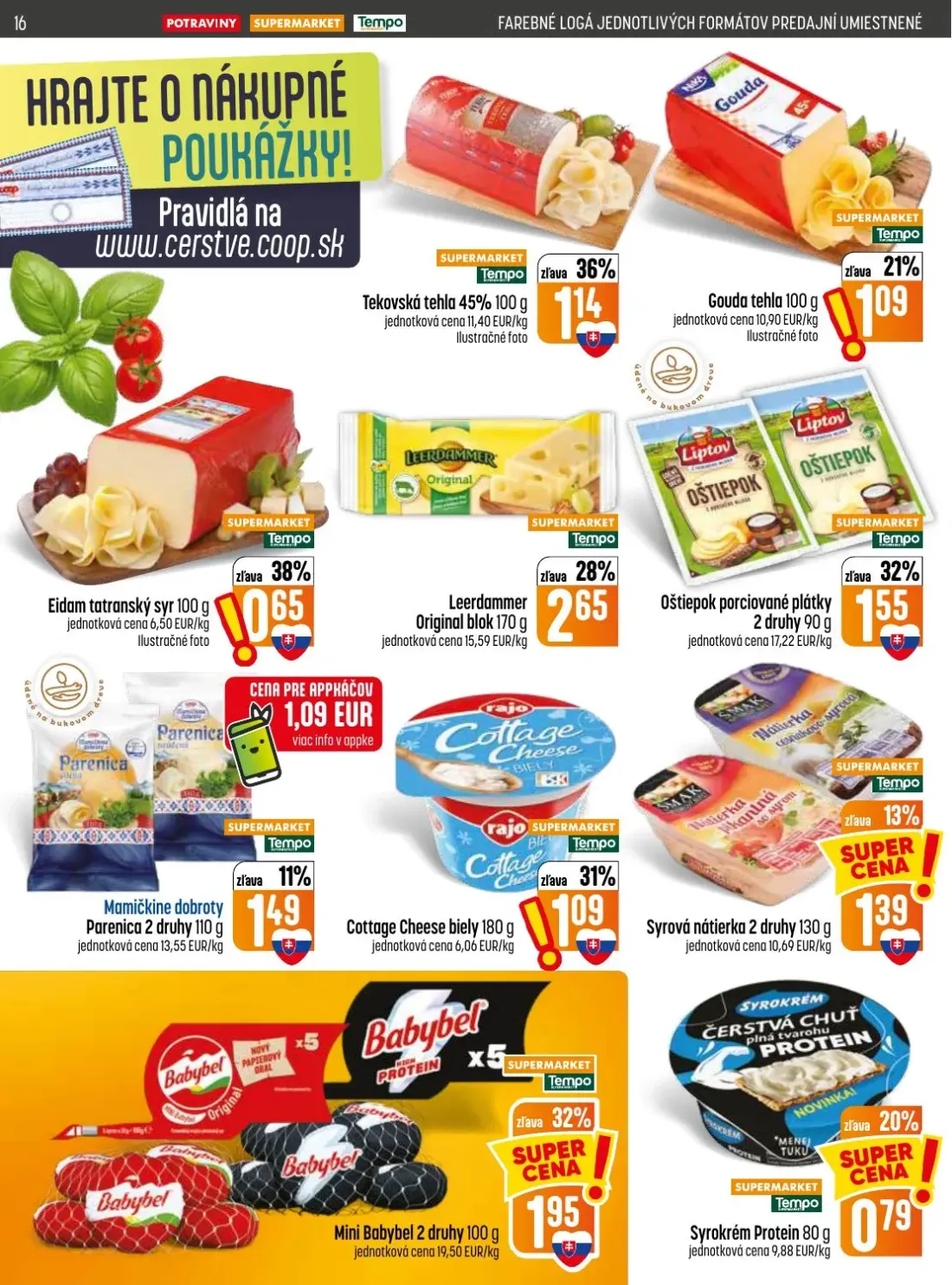 Coop Jednota leták, strana 16 z 28 — Tekovská tehla 45%, Gouda tehla, Eidam tatranský syr