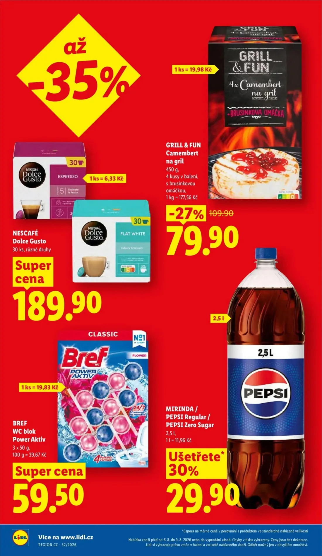 Lidl leták, strana 2 z 48 — GRILL & FUN Camembert na gril, NESCAFÉ Dolce Gusto, BREF WC blok Power Aktiv