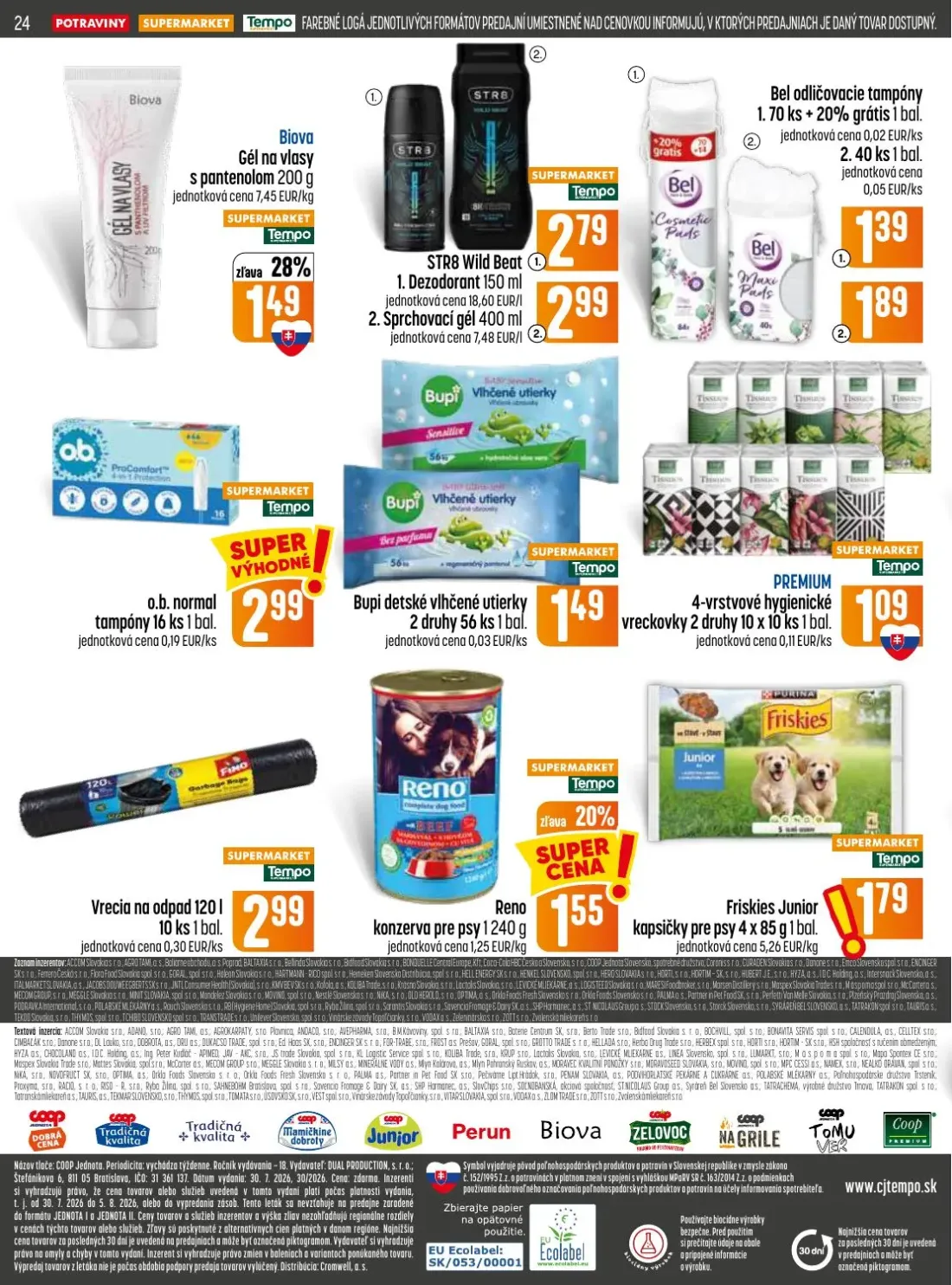 Coop Jednota leták, strana 24 z 28 — Biova Gél na vlasy s pantenolom, STR8 Wild Beat Dezodorant, STR8 Wild Beat Sprchovací g…