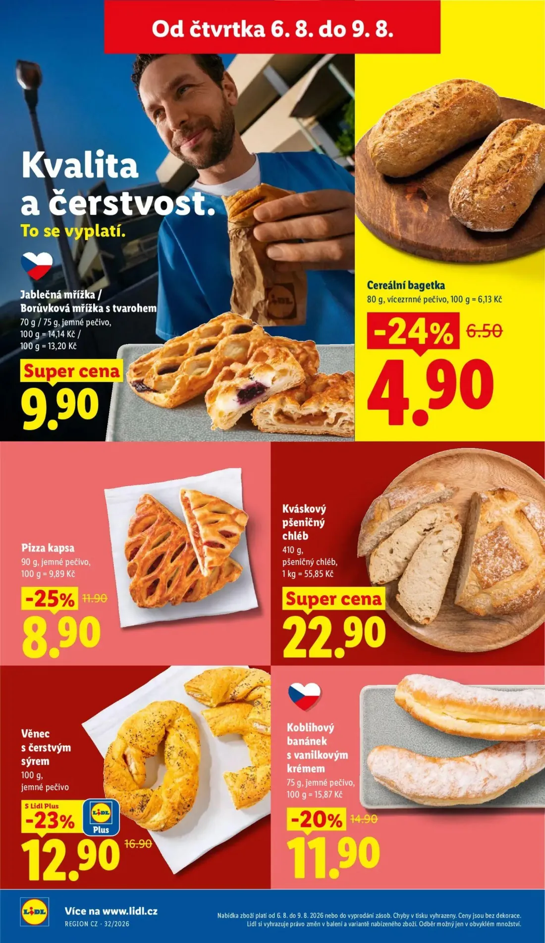 Lidl leták, strana 14 z 48 — Věnec s čerstvým sýrem, Pizza kapsa, Koblihový banánek s vanilkovým krémem