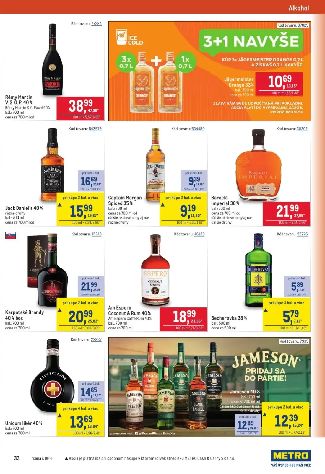 Metro leták, strana 33 z 40 — Rémy Martin V.S.O.P. 40%, Karpatské Brandy 40% box, Barceló Imperial 38%
