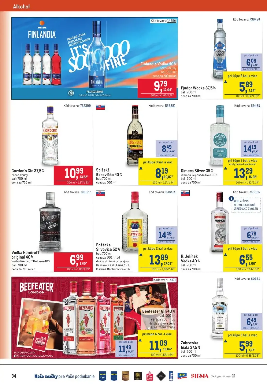 Metro leták, strana 34 z 40 — Olmeca Silver 35%, Bošácka Slivovica 52%, Beefeater Gin 40%