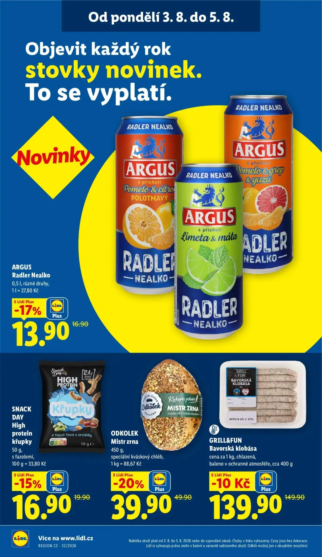 Lidl leták, strana 32 z 54 — ODKOLEK Mistr zrna, GRILL&FUN Bavorská klobása, ARGUS Radler Nealko