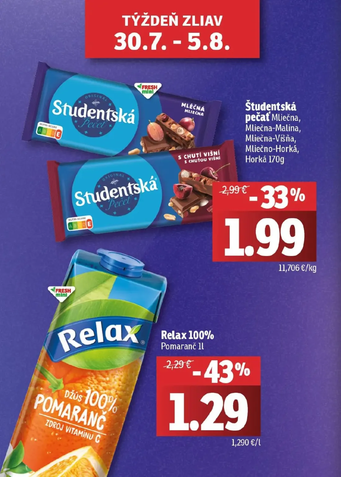 Fresh - západ leták, strana 2 z 46 — Študentská pečať Mliečna, Mliečna-Malina, Mliečna-Višňa, Mliečno-Horká, Horká, Relax 10…