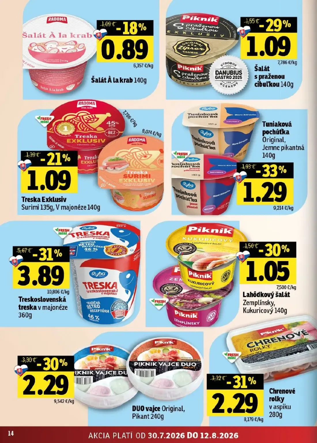 Fresh - západ leták, strana 14 z 46 — Treskoslovenská treska v majonéze, Chrenové rolky v aspiku, DUO vajce Original, Pikant