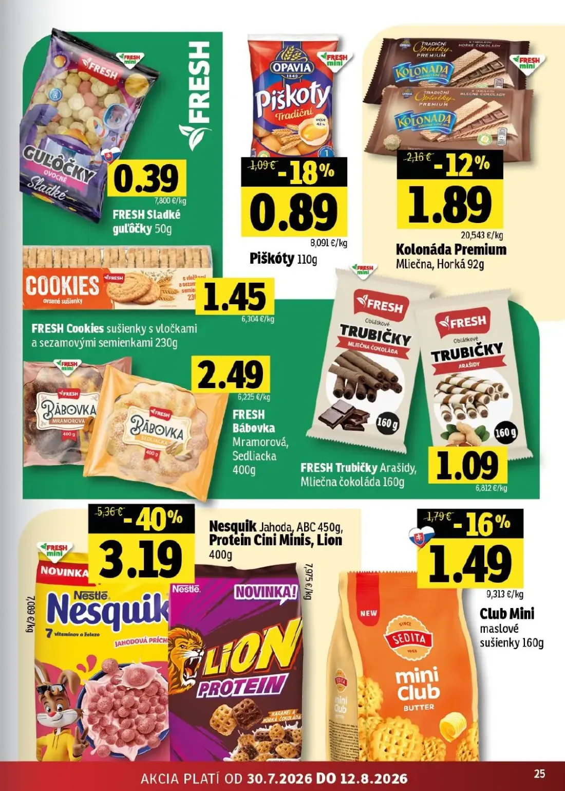 Fresh - západ leták, strana 25 z 46 — Nesquik Jahoda, ABC, Protein Cini Minis, Lion, Club Mini maslové sušienky, Kolonáda Pr…