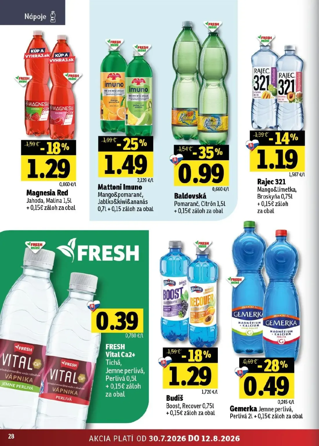 Fresh - západ leták, strana 28 z 46 — Baldovská Pomaranč, Citrón, Mattoni Imuno Mango&pomaranč, Jablko&kiwi&ananás, Magnesia…