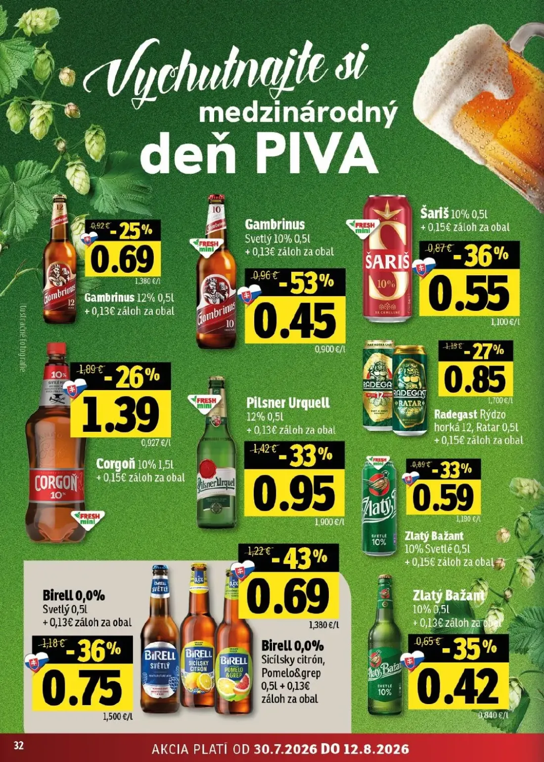 Fresh - západ leták, strana 32 z 46 — Birell 0,0% Sicílsky citrón, Pomelo&grep, Gambrinus Svetlý 10%, Corgoň 10%