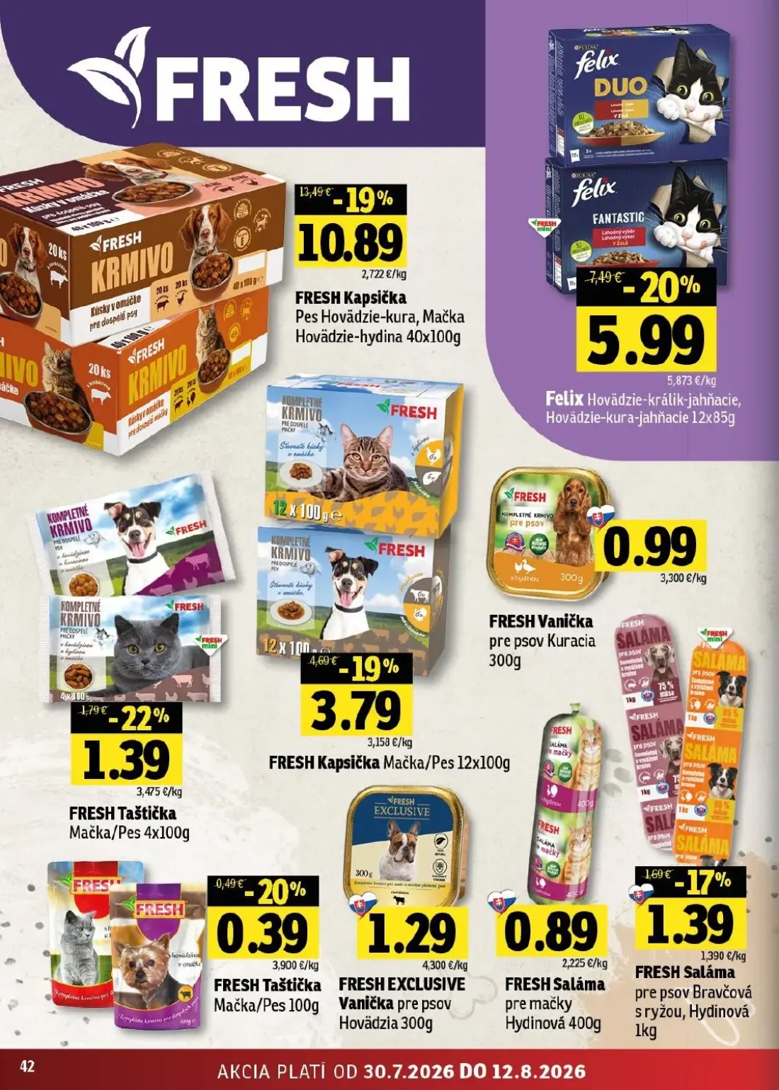 Fresh - západ leták, strana 42 z 46 — FRESH Kapsička Pes Hovädzie-kura, Mačka Hovädzie-hydina, Felix Hovädzie-králik-jahňaci…