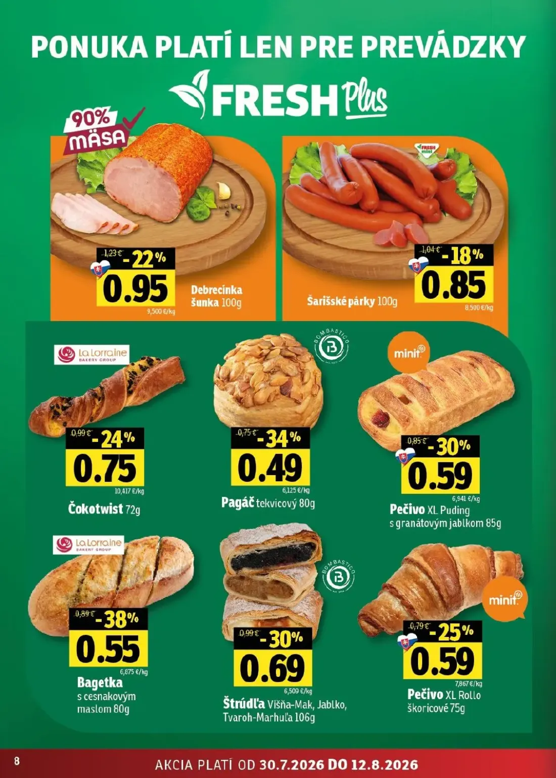 Fresh východ leták, strana 8 z 52 — Bagetka s cesnakovým maslom, Štrúdl'a Višňa-Mak, Jablko, Tvaroh-Marhuľa, Debrecinka Šunka