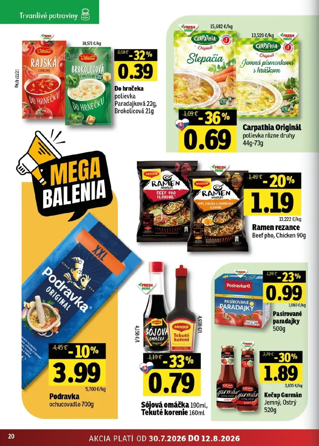 Fresh východ leták, strana 20 z 52 — Kečup Gurmán Jemný, Ostrý, Podravka ochucovadlo, Carpathia Originál polievka rôzne druhy