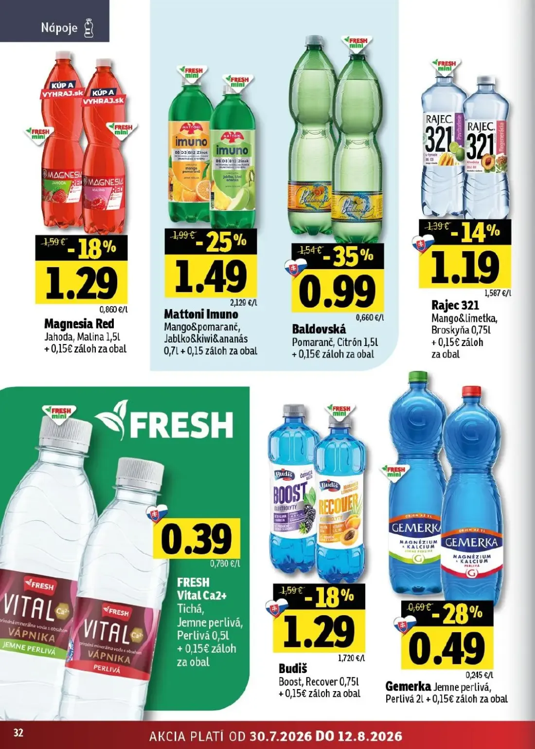 Fresh východ leták, strana 32 z 52 — Baldovská Pomaranč, Citrón, Mattoni Imuno Mango&pomaranč, Jablko&kiwi&ananás, Magnesia …