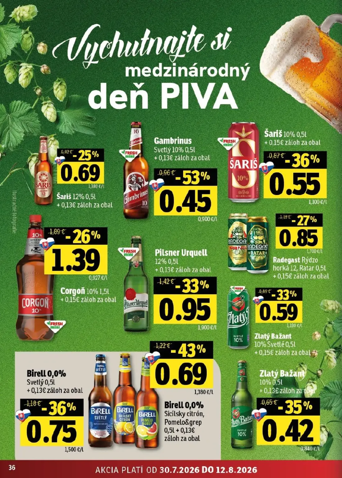 Fresh východ leták, strana 36 z 52 — Birell 0,0% Sicílsky citrón, Pomelo&grep, Gambrinus Svetlý 10%, Corgoň 10%