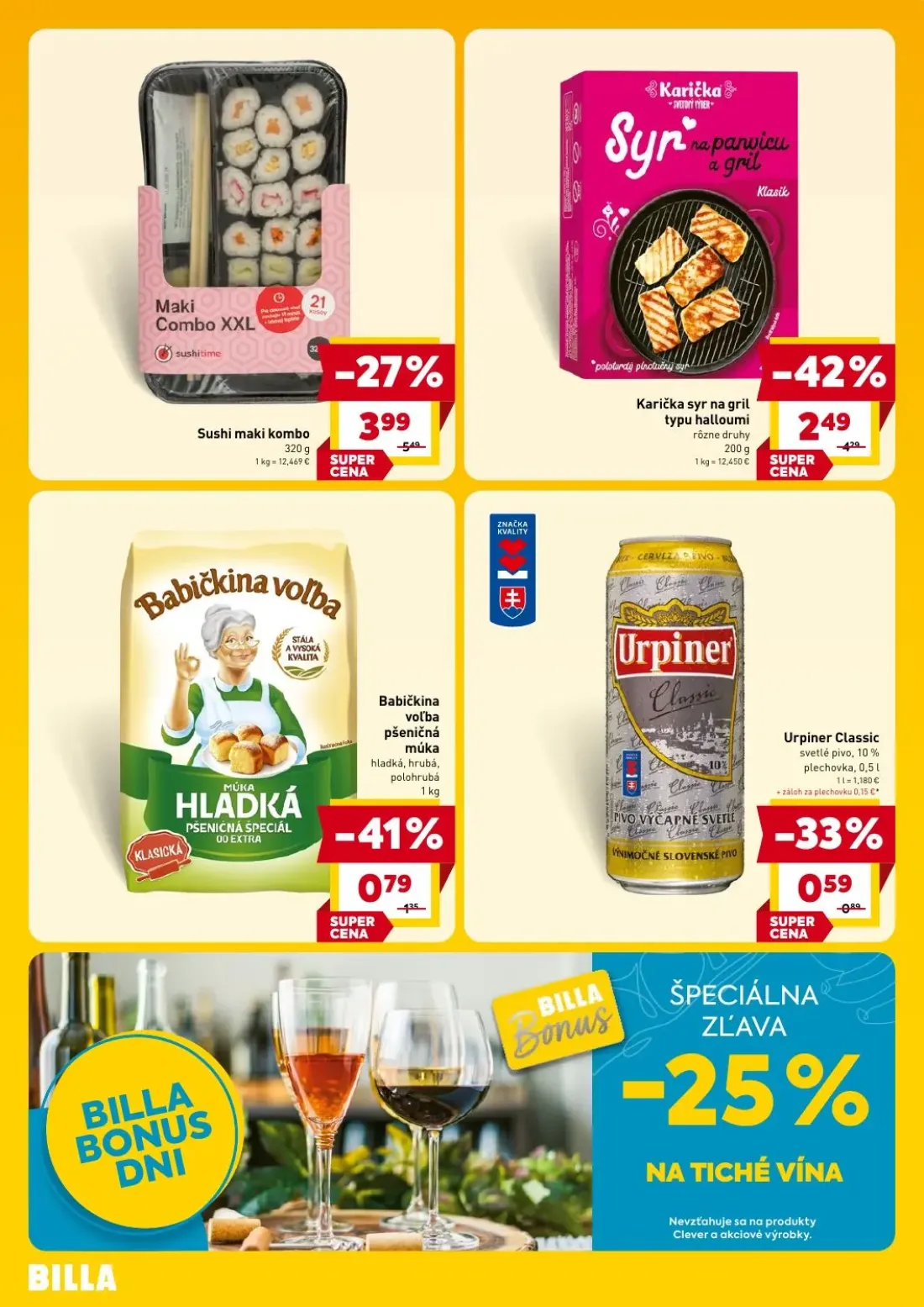 Billa leták, strana 4 z 4 — Karička syr na gril typu halloumi, Sushi maki kombo, Urpiner Classic svetlé pivo, 10%