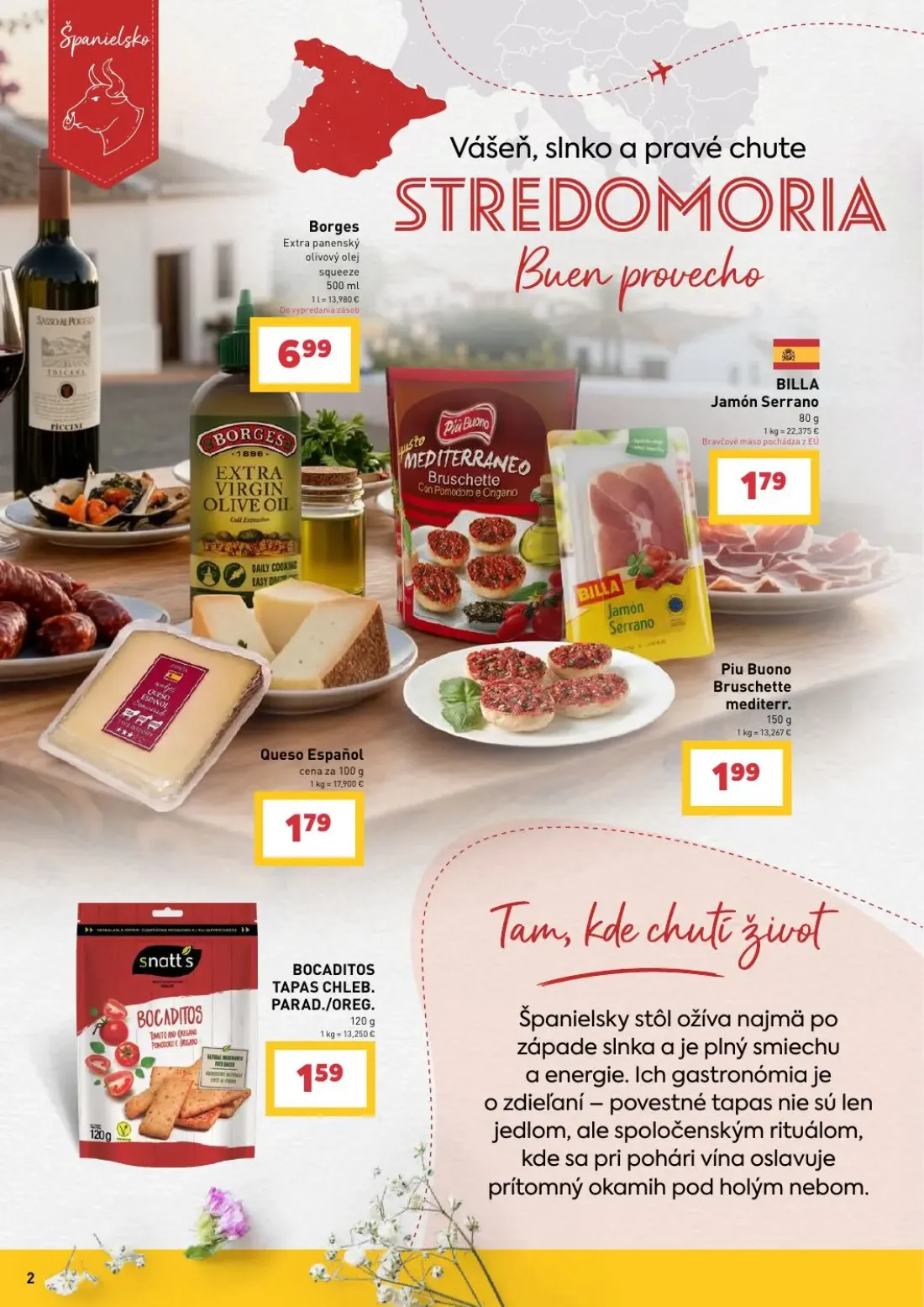 Billa leták, strana 2 z 27 — Borges Extra panenský olivový olej squeeze, BILLA Jamón Serrano, Queso Español