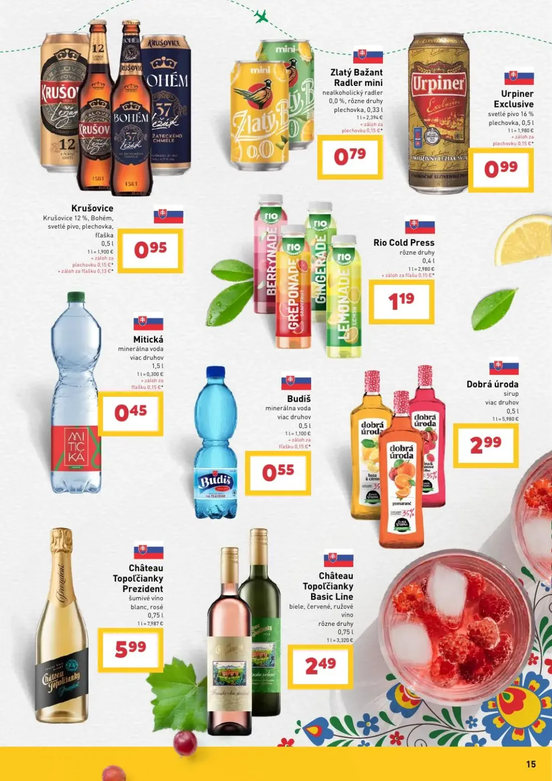 Billa leták, strana 15 z 27 — Zlatý Bažant Radler mini nealkoholický radler, Rio Cold Press rôzne druhy, Mitická minerálna v…