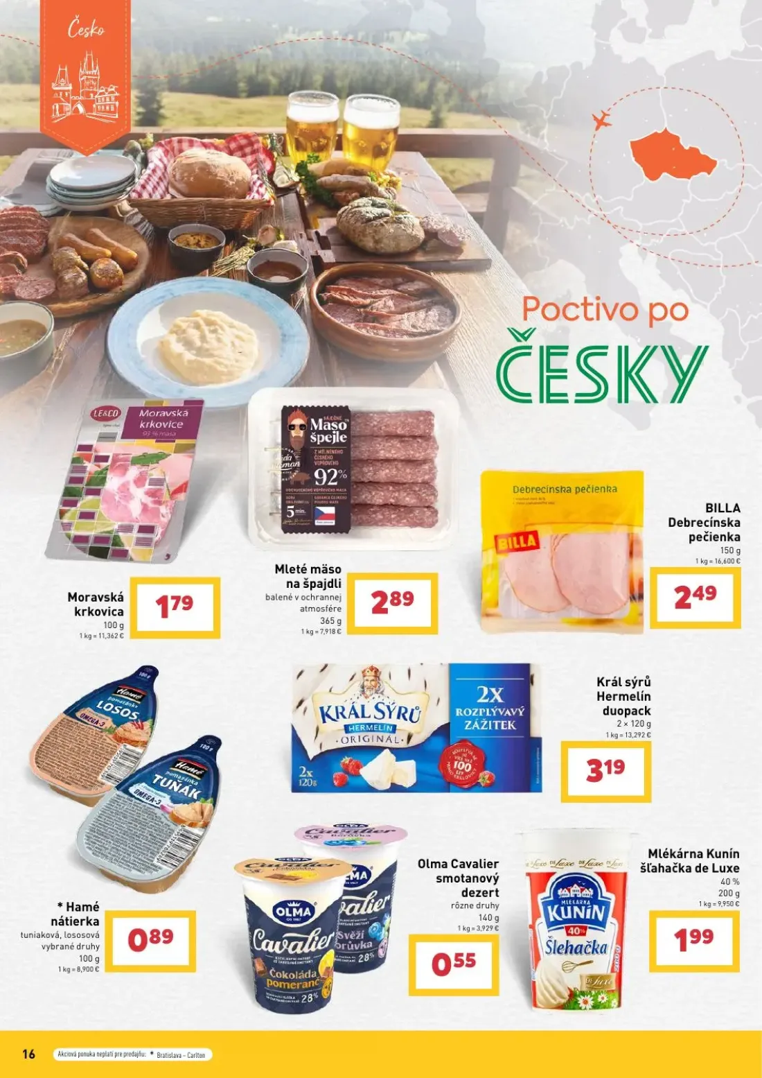 Billa leták, strana 16 z 27 — Moravská krkovica, Mleté mäso na špajdli, Král sýrů Hermelín duopack