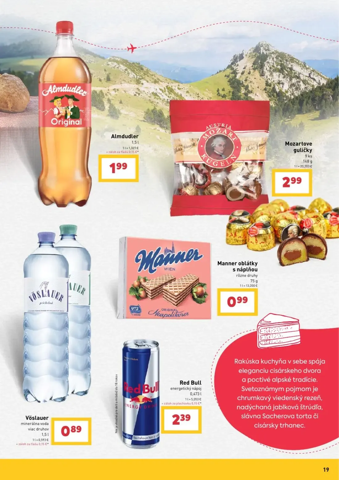 Billa leták, strana 19 z 27 — Almdudler Original, Vöslauer minerálna voda, Red Bull energetický nápoj