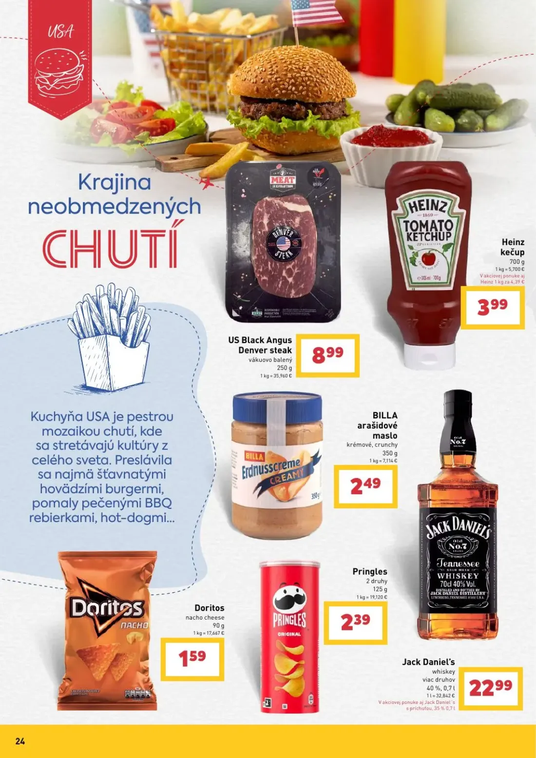 Billa leták, strana 24 z 27 — US Black Angus Denver steak, Heinz kečup, Doritos nacho cheese