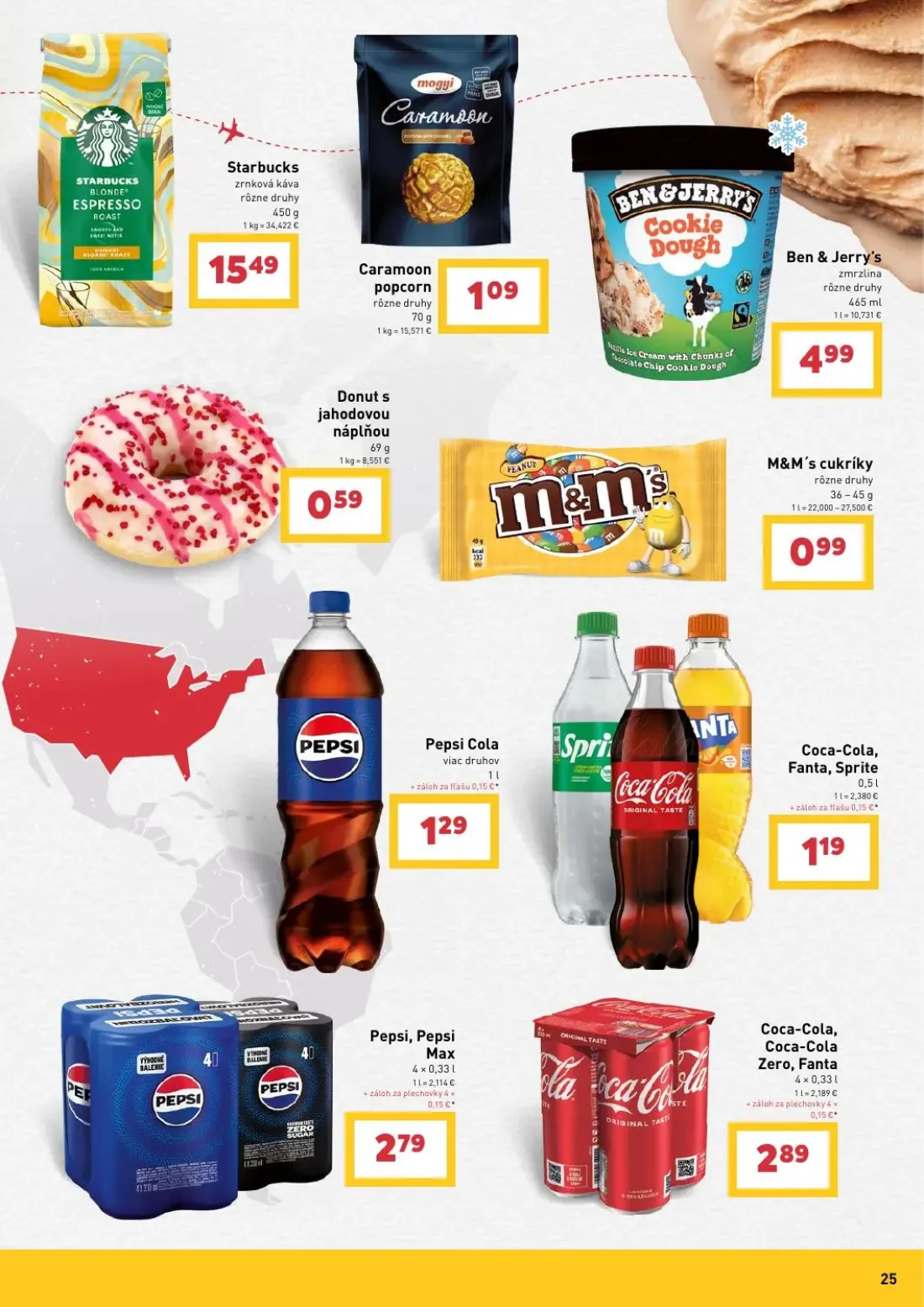 Billa leták, strana 25 z 27 — Caramoon popcorn rôzne druhy, Ben & Jerry's zmrzlina rôzne druhy, M&M's cukríky rôzne druhy